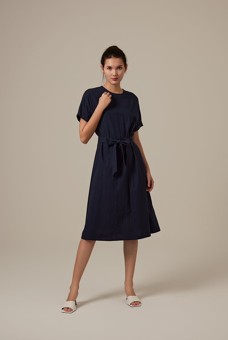 Milan Sash Midi Dress in Navy Blue