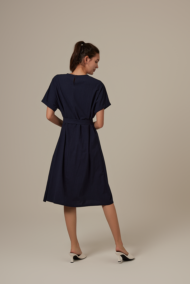 Milan Sash Midi Dress in Navy Blue