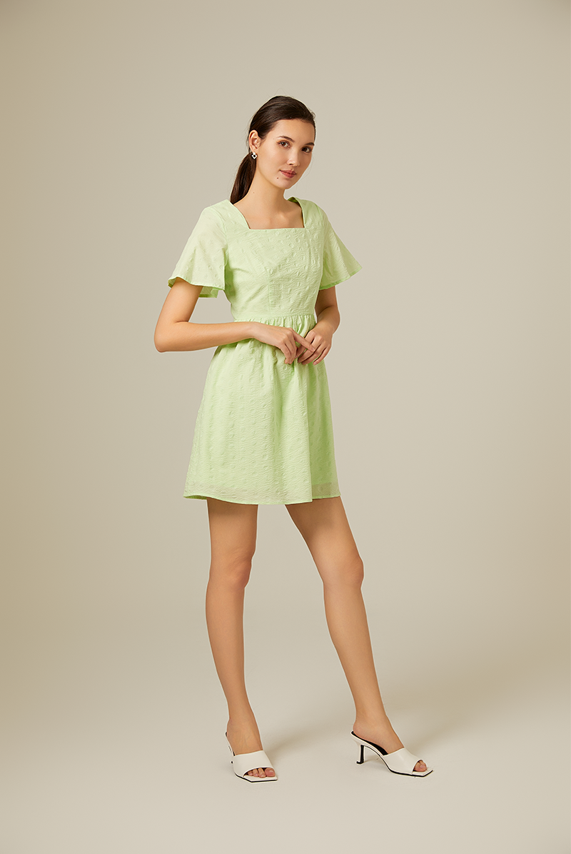 Kordial Textured Square Neck Dress in Lime Green