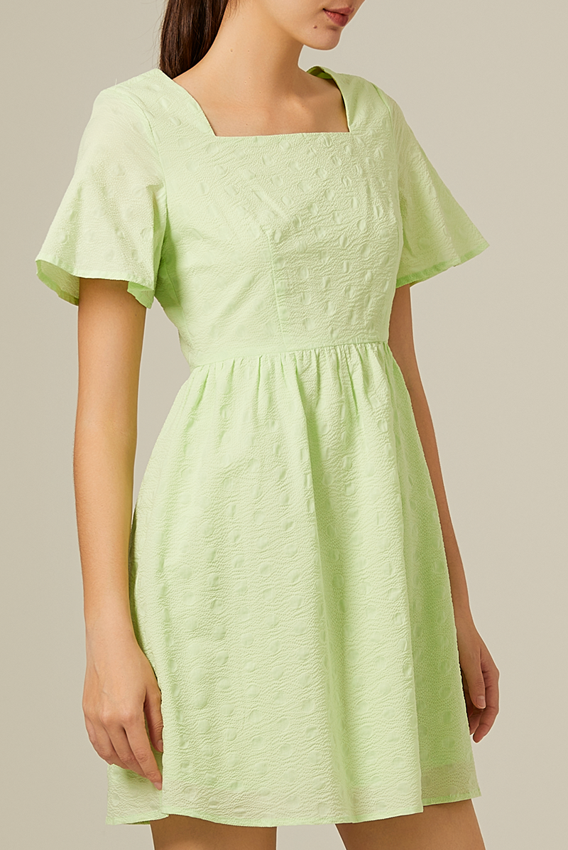 Kordial Textured Square Neck Dress in Lime Green