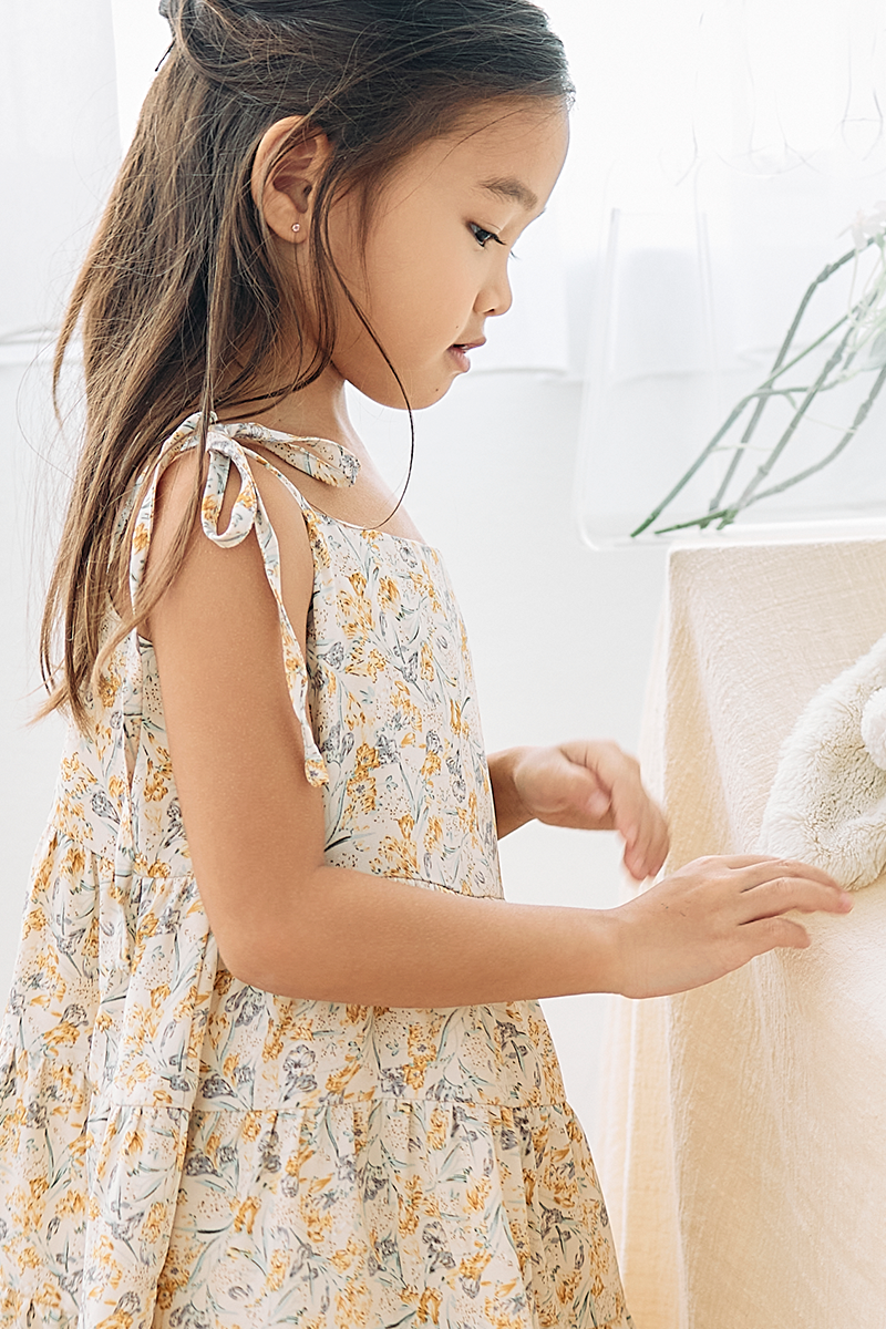 KIDS Aster Floral Tiered Dress in Beige