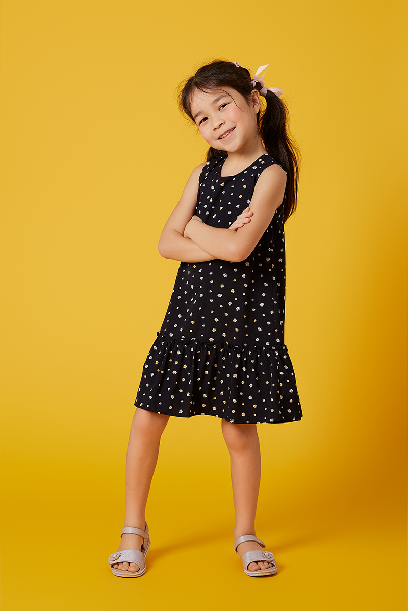 KIDS Charmaine Floral Dropwaist Dress in Navy Blue