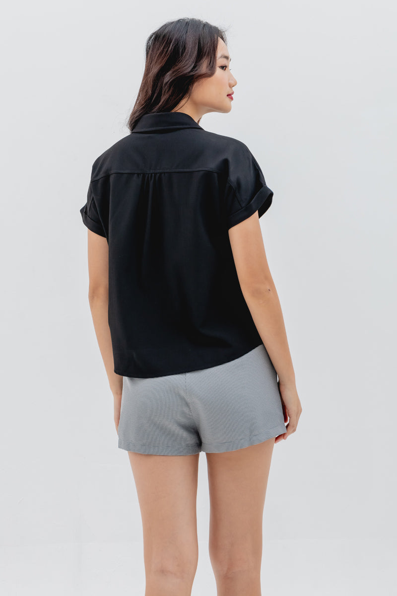 Valentina Cuffed Sleeve Collared Blouse in Black