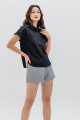 Valentina Cuffed Sleeve Collared Blouse in Black