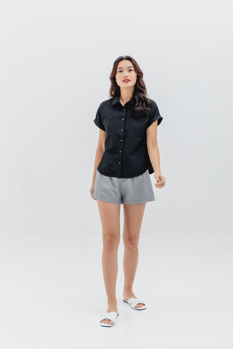 Valentina Cuffed Sleeve Collared Blouse in Black