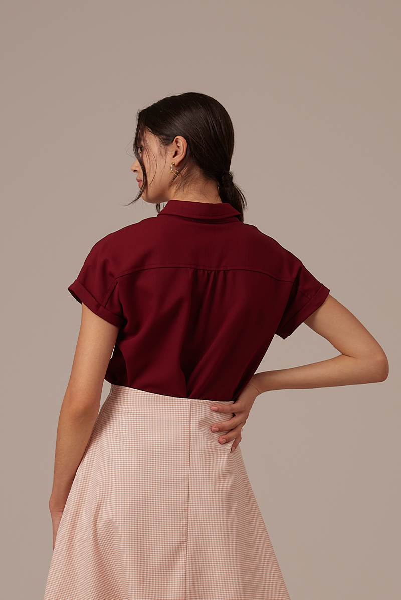 Valentina Cuffed Sleeve Collared Blouse in Maroon