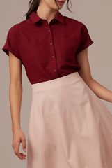 Valentina Cuffed Sleeve Collared Blouse in Maroon