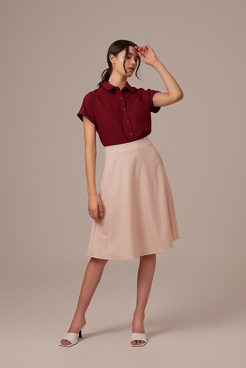 Valentina Cuffed Sleeve Collared Blouse in Maroon