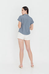 Valentina Cuffed Sleeve Collared Blouse in Dusty Blue