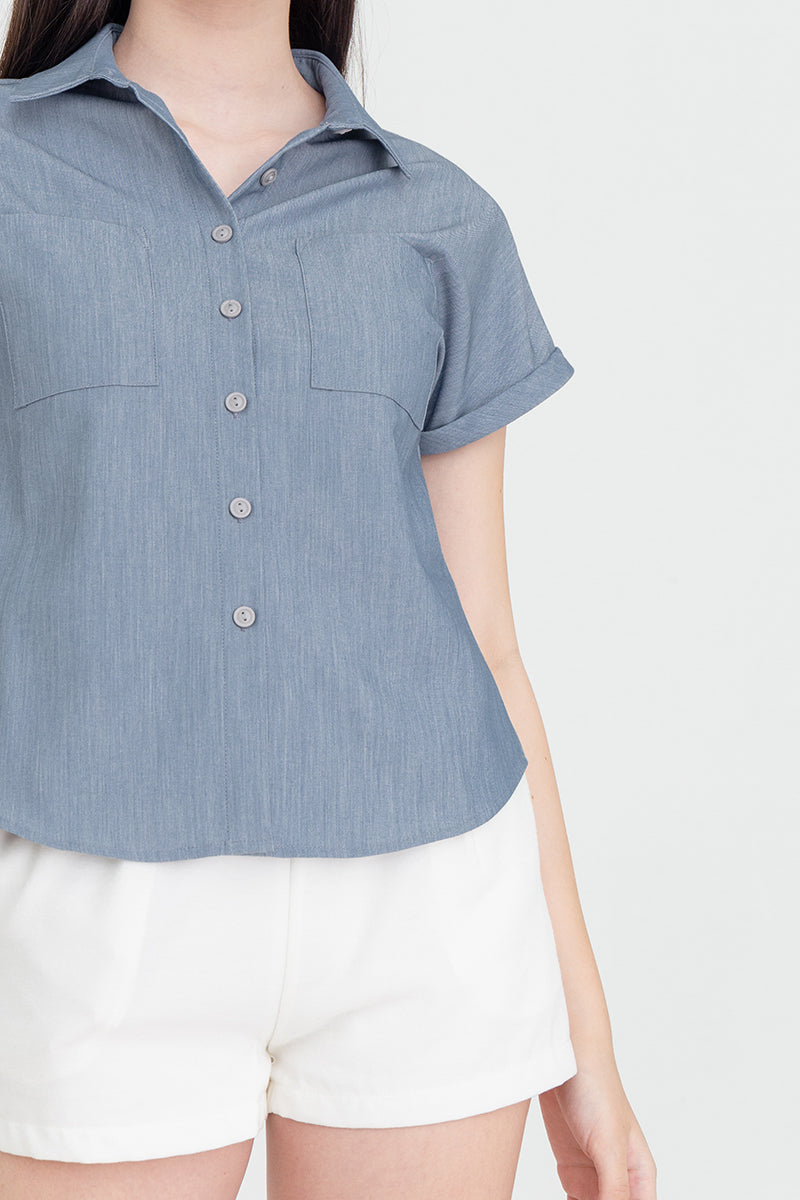 Valentina Cuffed Sleeve Collared Blouse in Dusty Blue