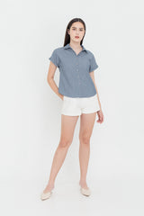 Valentina Cuffed Sleeve Collared Blouse in Dusty Blue