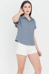 Valentina Cuffed Sleeve Collared Blouse in Dusty Blue