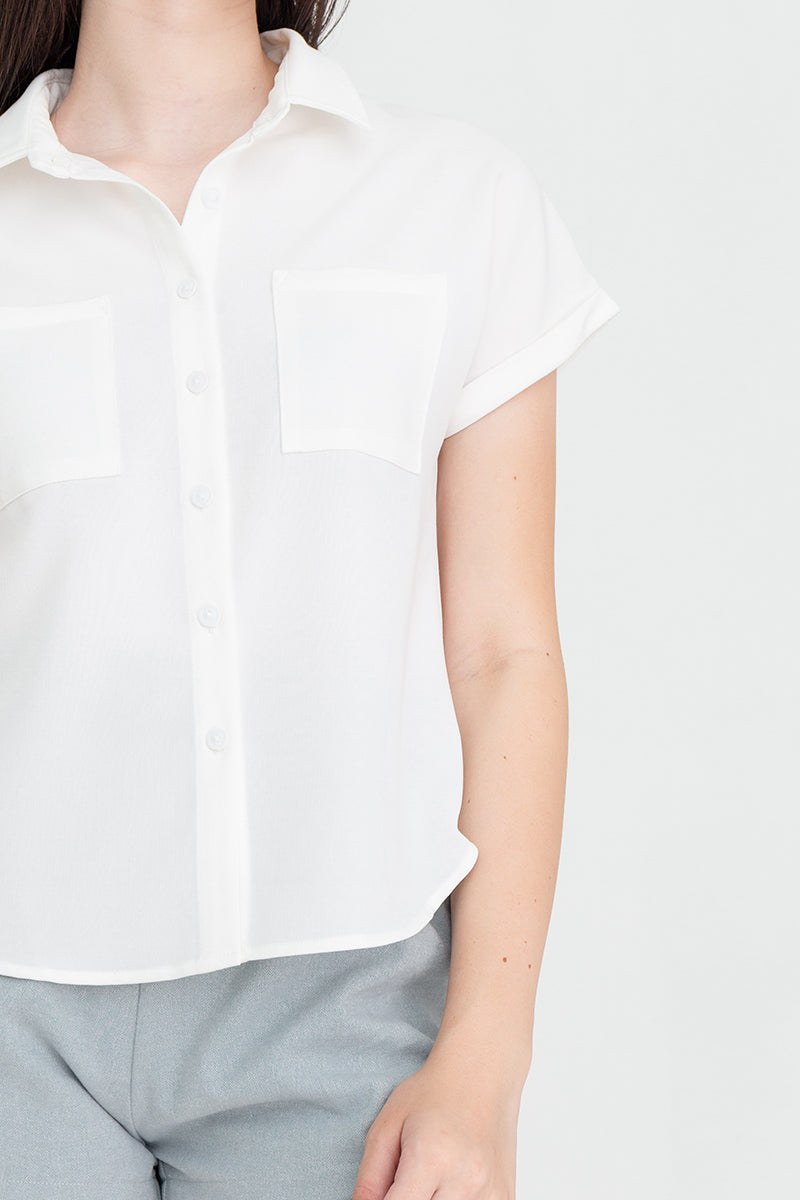 Valentina Cuffed Sleeve Collared Blouse in White