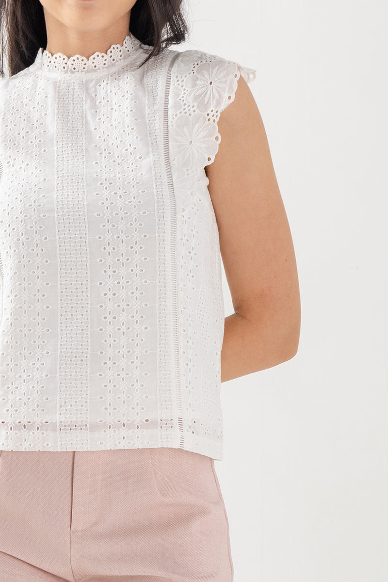 Wanda Crochet High Neck Top in White
