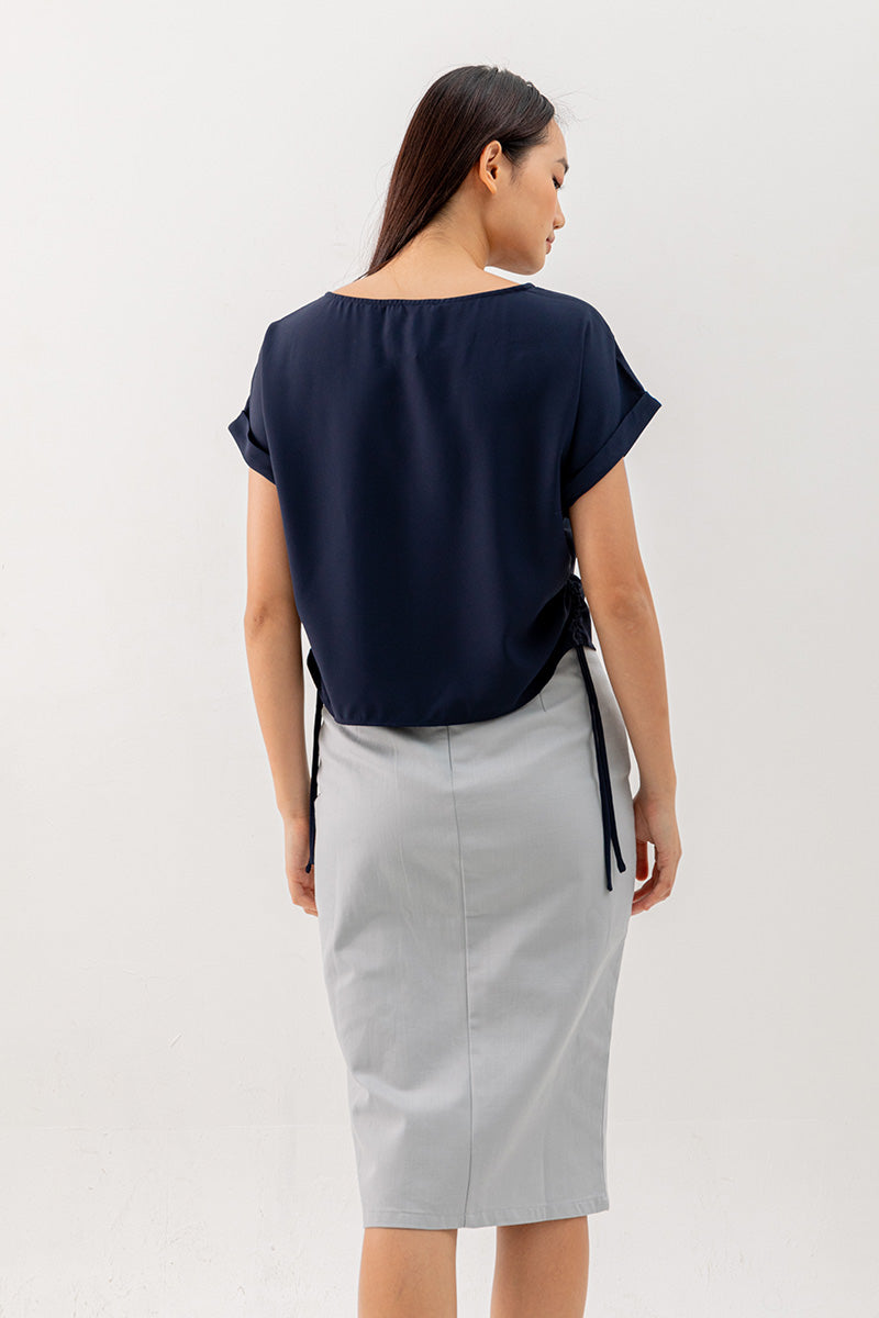 Ovena Side Drawstring Top in Navy Blue