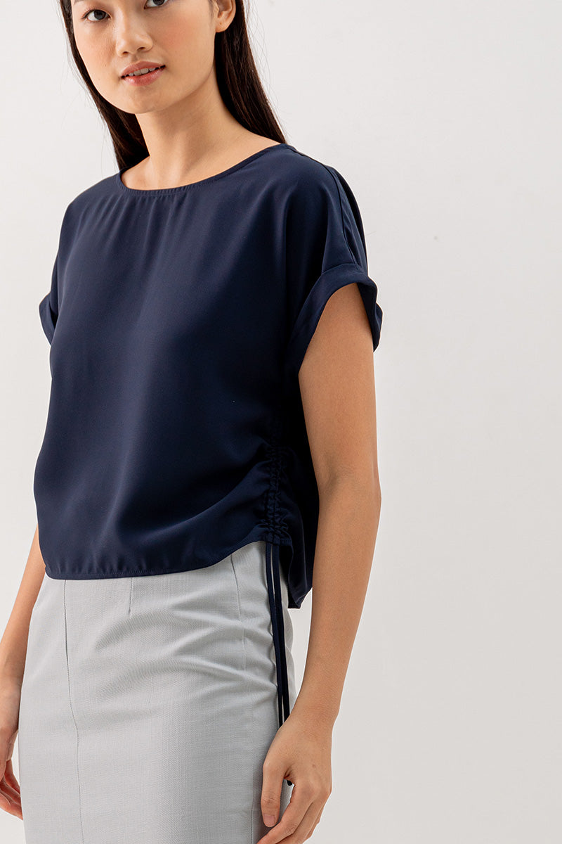 Ovena Side Drawstring Top in Navy Blue