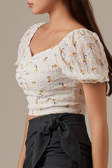 Hannah Floral Ruched Top in White