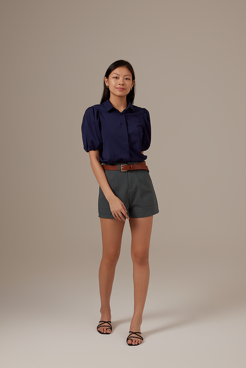 Vindie Puff Sleeves Blouse in Navy Blue