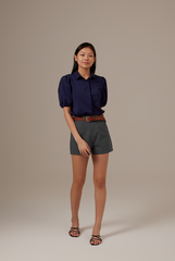 Vindie Puff Sleeves Blouse in Navy Blue