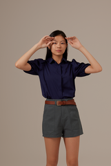 Vindie Puff Sleeves Blouse in Navy Blue