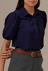 Vindie Puff Sleeves Blouse in Navy Blue