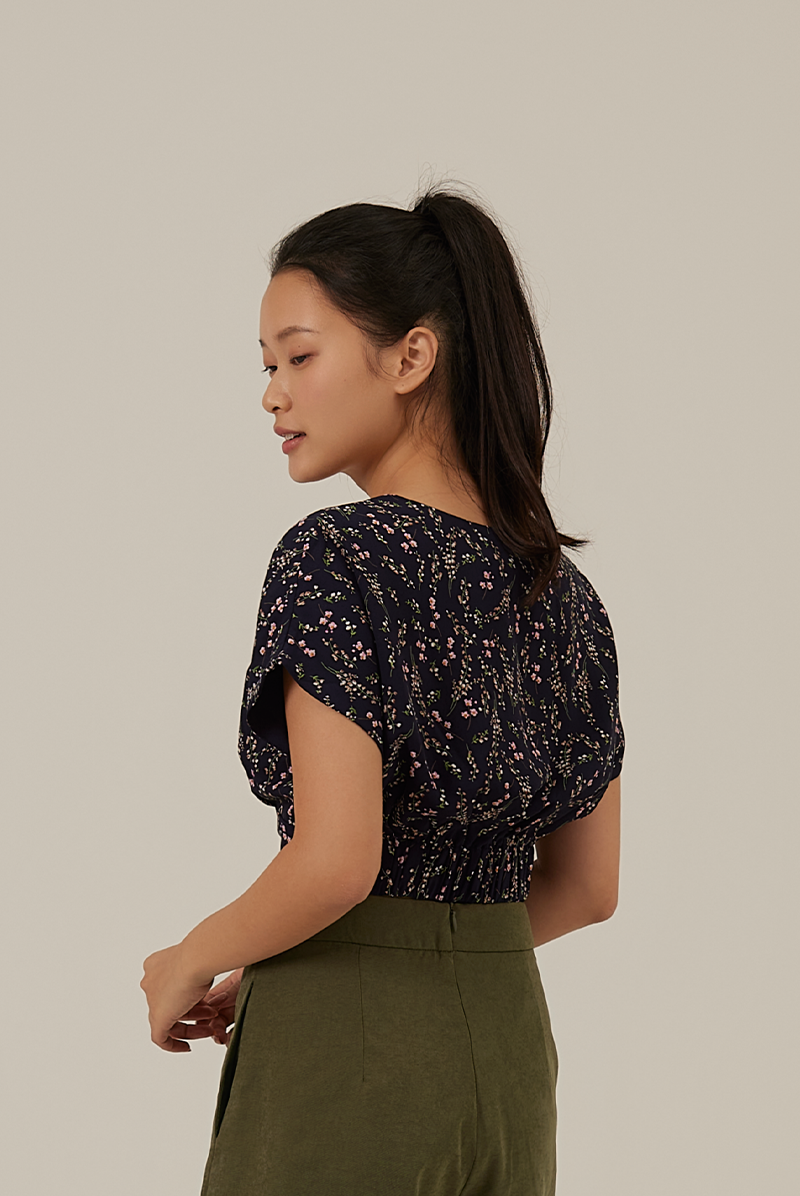 Austen Floral Drop Sleeves Top in Navy Blue