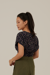 Austen Floral Drop Sleeves Top in Navy Blue