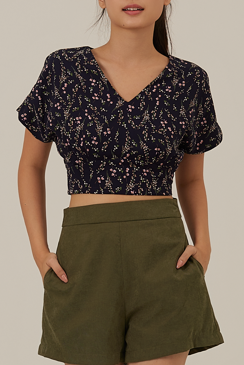 Austen Floral Drop Sleeves Top in Navy Blue