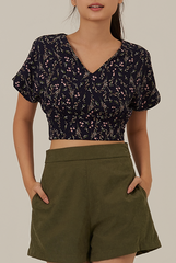 Austen Floral Drop Sleeves Top in Navy Blue