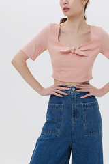 Kiera Front Tie Bow Crop Top in Salmon