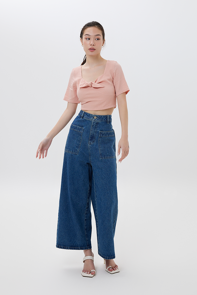 Kiera Front Tie Bow Crop Top in Salmon