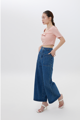Kiera Front Tie Bow Crop Top in Salmon