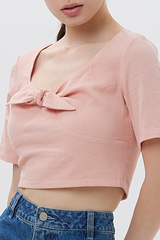 Kiera Front Tie Bow Crop Top in Salmon