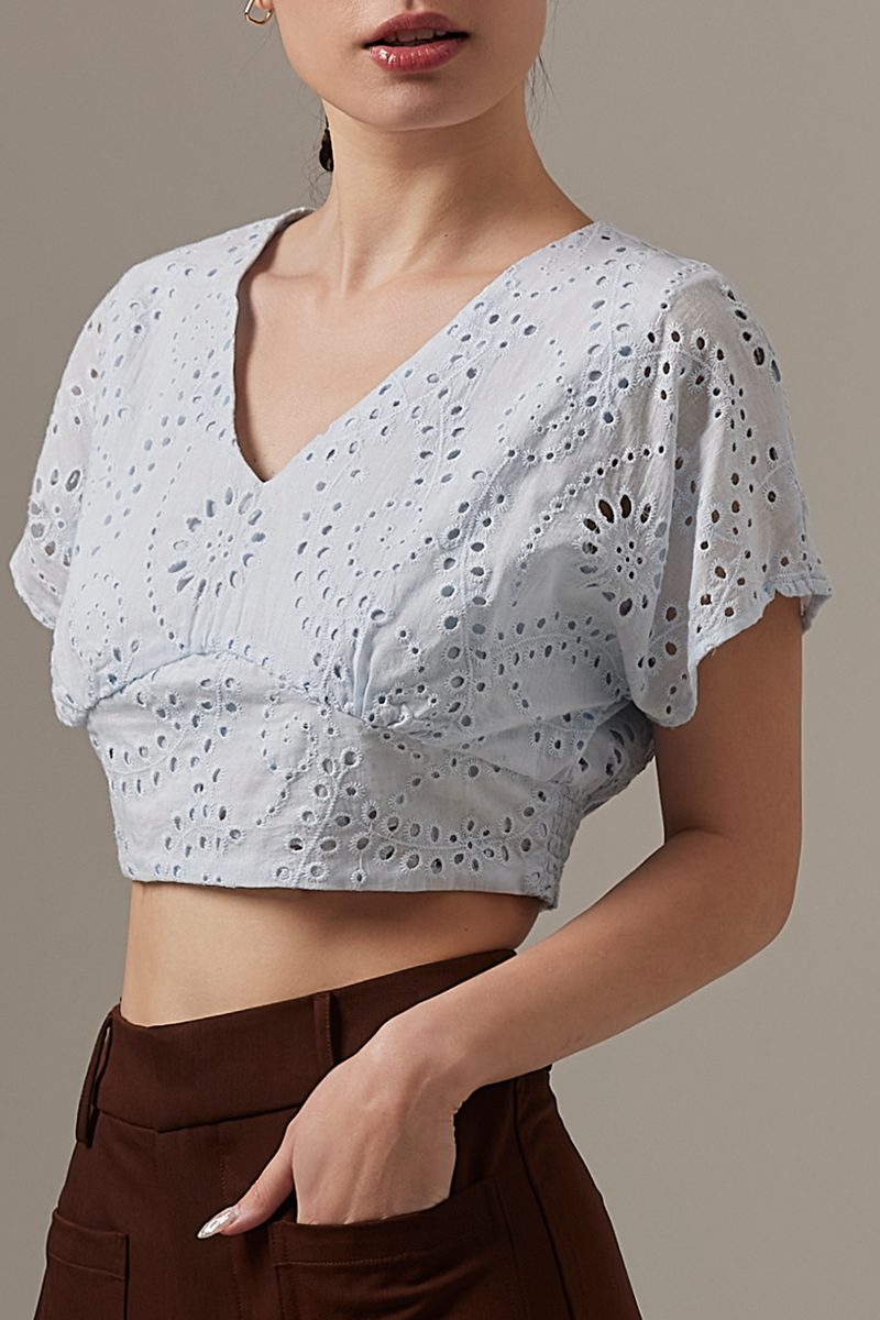 Izzy Eyelet Crop Top in Baby Blue