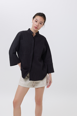 Mavis Textured Stand Collar Oversized Shirt in Black