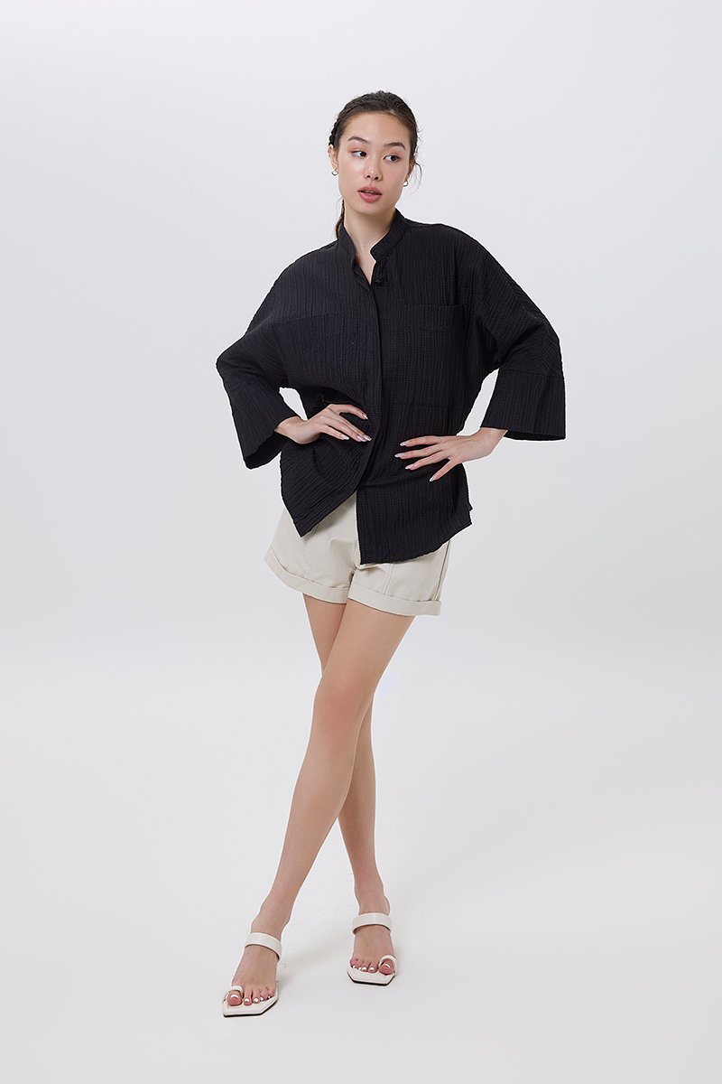 Mavis Textured Stand Collar Oversized Shirt in Black