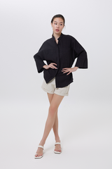 Mavis Textured Stand Collar Oversized Shirt in Black