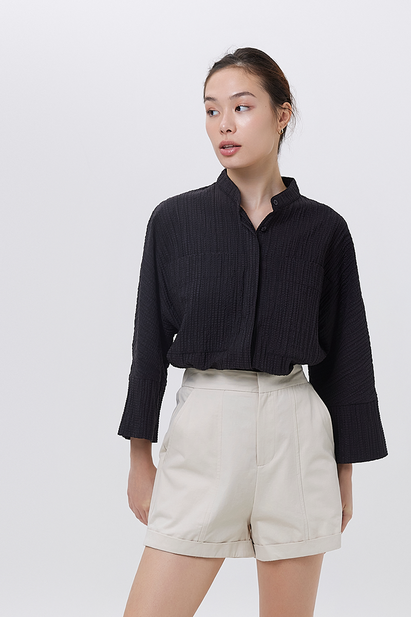 Mavis Textured Stand Collar Oversized Shirt in Black