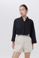 Mavis Textured Stand Collar Oversized Shirt in Black