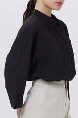 Mavis Textured Stand Collar Oversized Shirt in Black