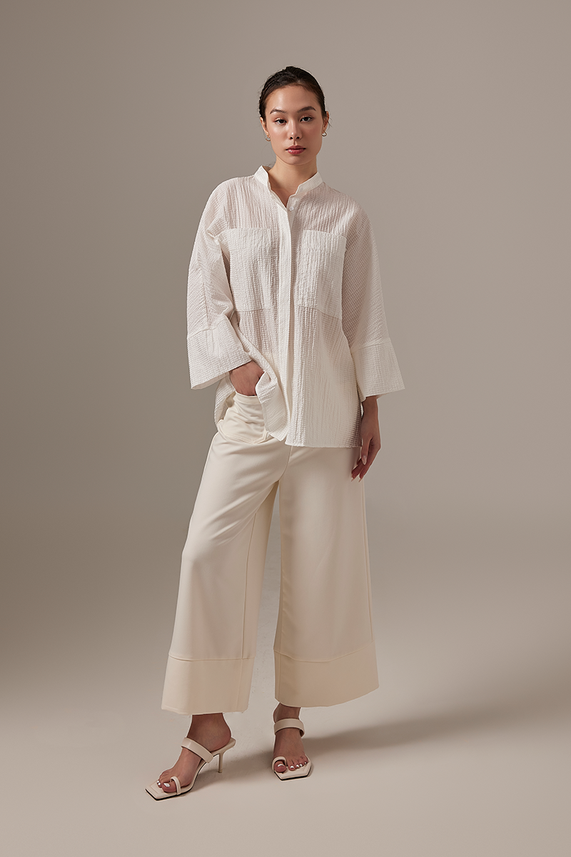 Mavis Textured Stand Collar Oversized Shirt in White