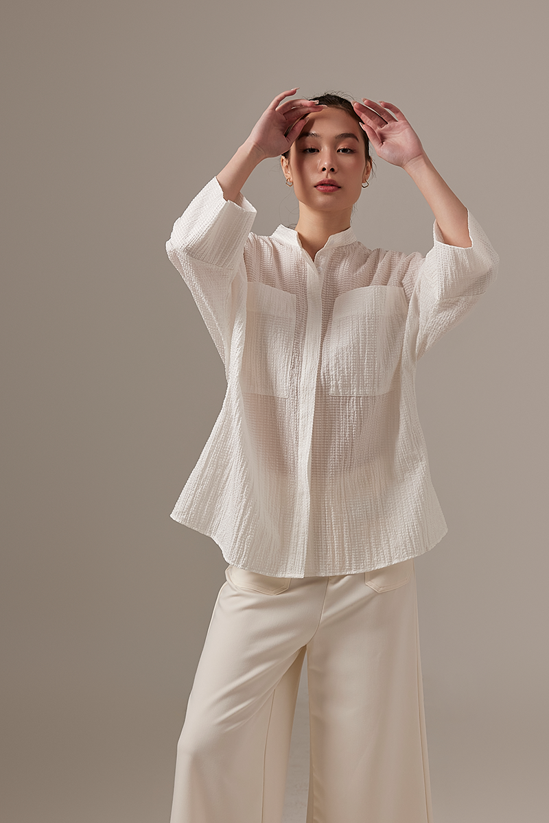Mavis Textured Stand Collar Oversized Shirt in White