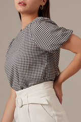 Dina Checkered Puff Sleeve Top in Black