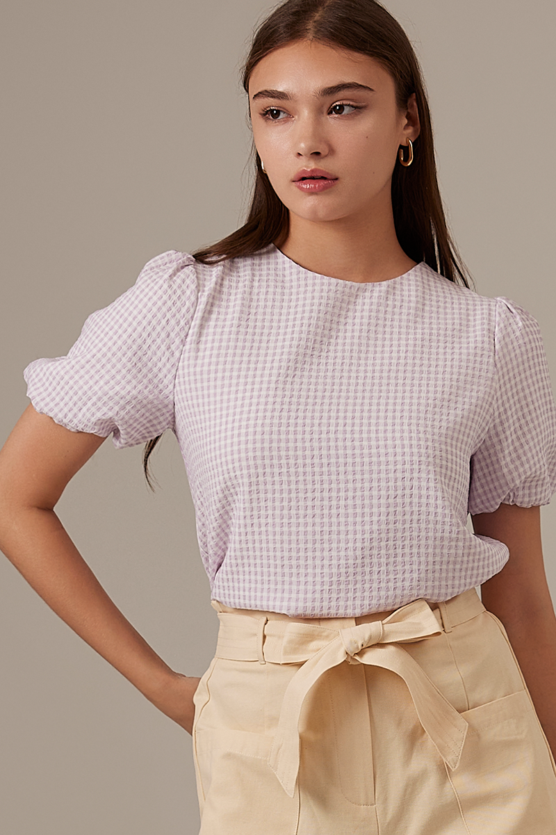 Dina Checkered Puff Sleeve Top in Lavender