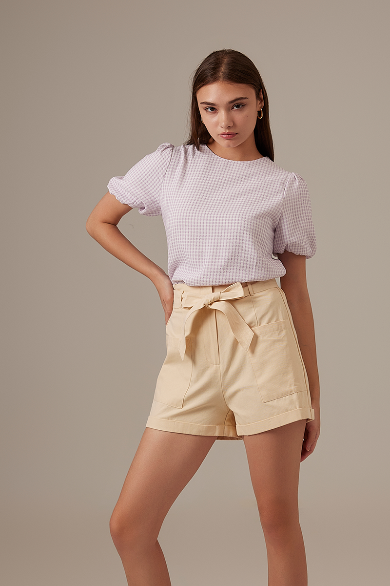 Dina Checkered Puff Sleeve Top in Lavender