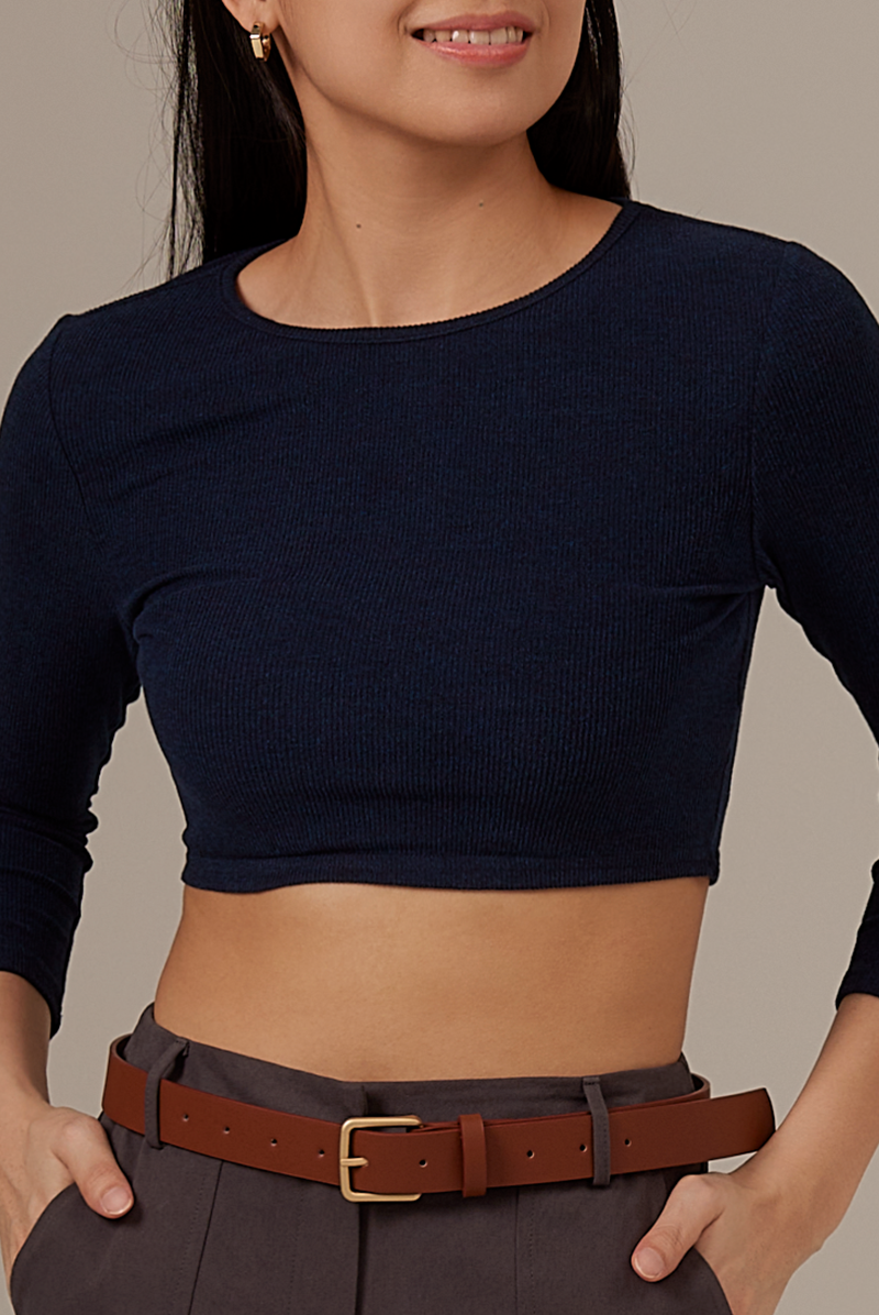 Silvia Long Sleeve Crop Top in Navy Blue
