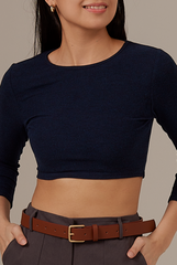 Silvia Long Sleeve Crop Top in Navy Blue