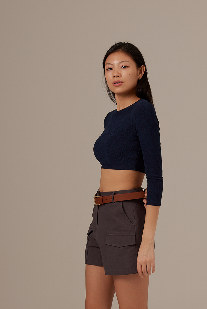 Silvia Long Sleeve Crop Top in Navy Blue