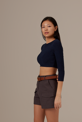 Silvia Long Sleeve Crop Top in Navy Blue