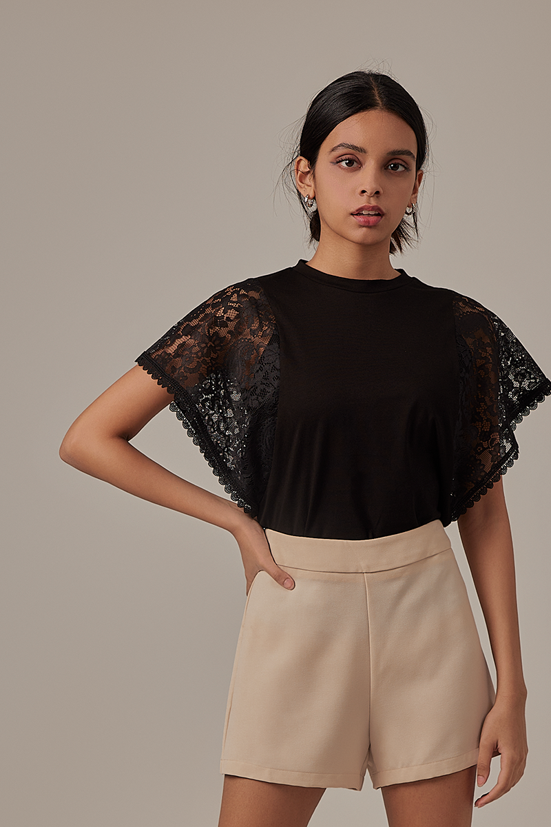 Homa Lace Sleeves Top in Black